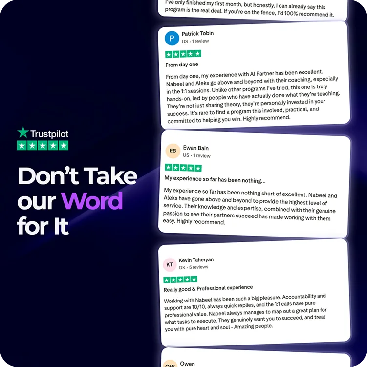 AI Partner static ad displaying multiple five-star Trustpilot reviews