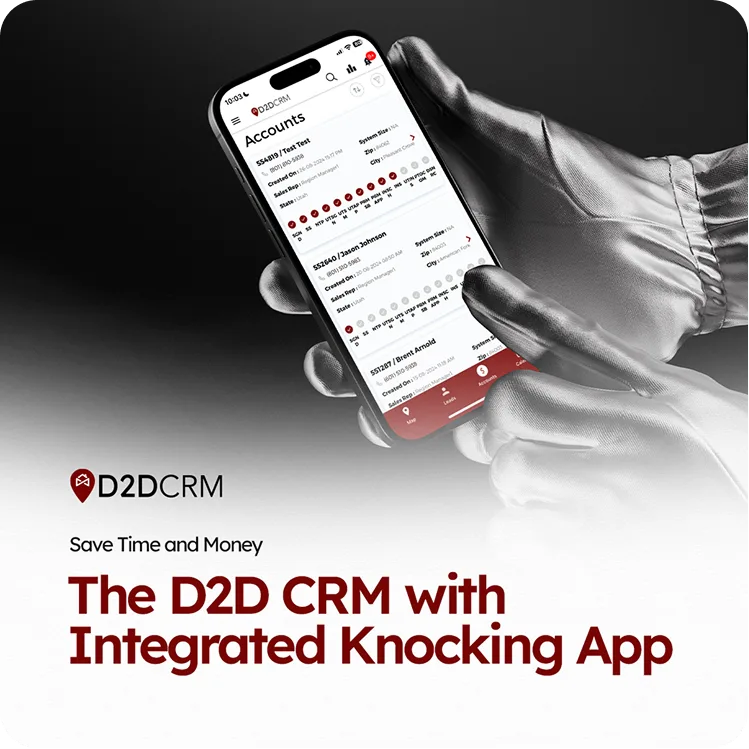 D2DCRM static ad showing its mobile CRM interface and integrated knocking app