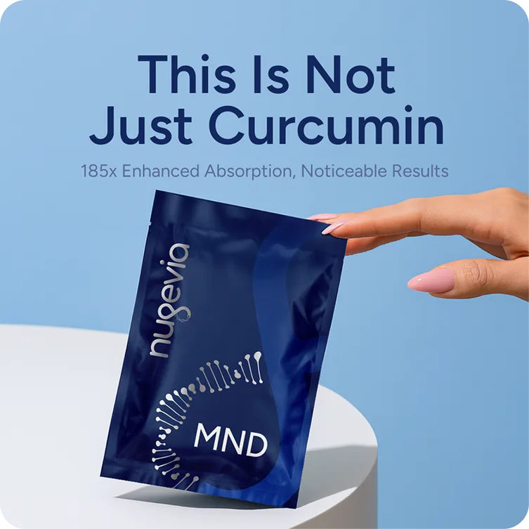 Nugevia MND ad showing a curcumin supplement pouch held above a white platform