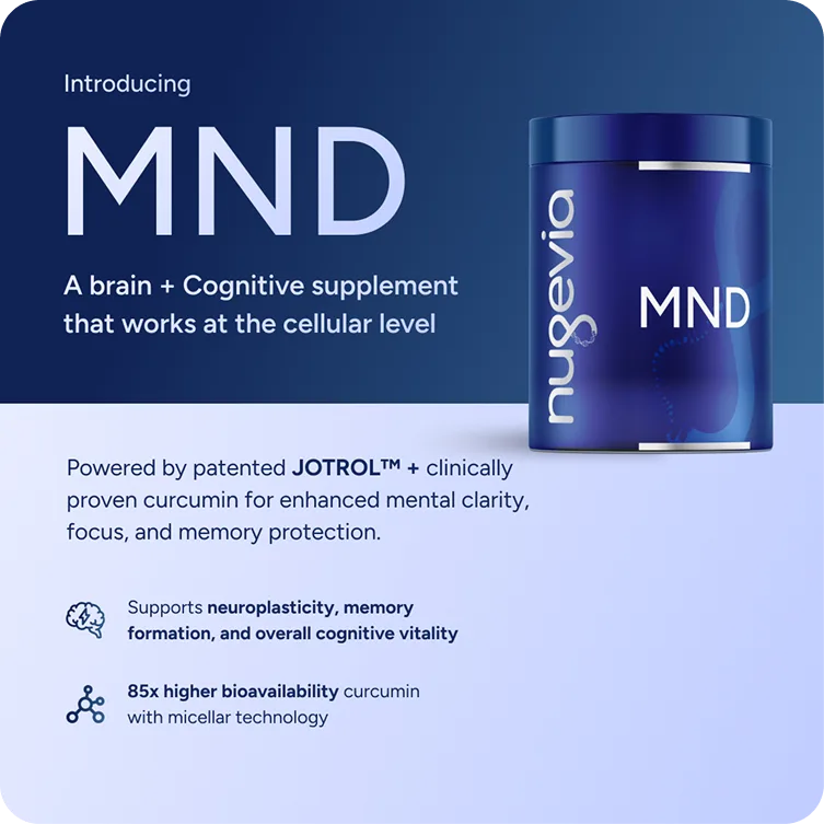 Nugevia MND educational ad with product, ingredient information and benefit icons