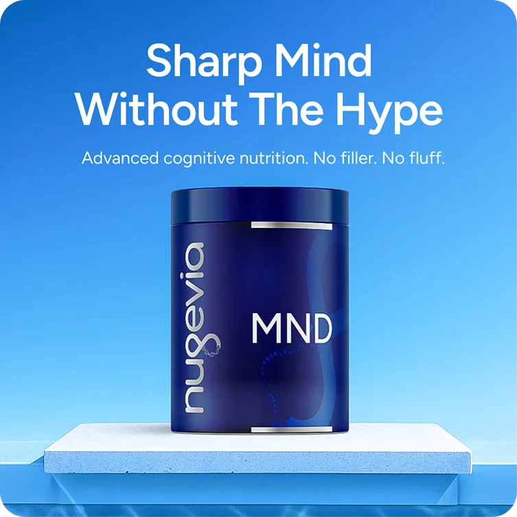 Nugevia MND product hero ad on a clean blue background